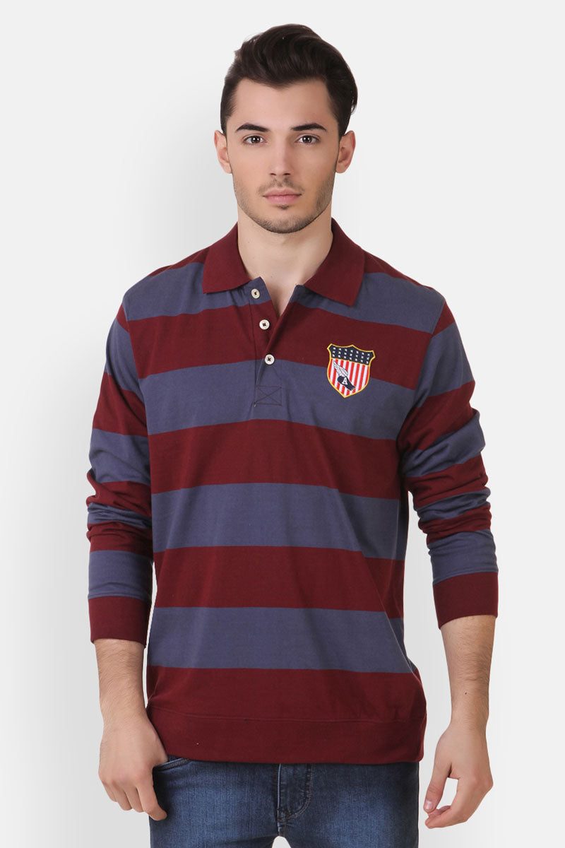 Men's Yarn Dyed Stripes Jersey Polo Collar Full Sleeves T-Shirt